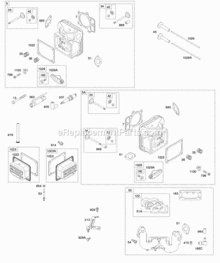 Cylinder Heads Intake Manifold Rocker Covers Diagram and Parts List for 44L977-0001-G5  Briggs and Stratton Engine